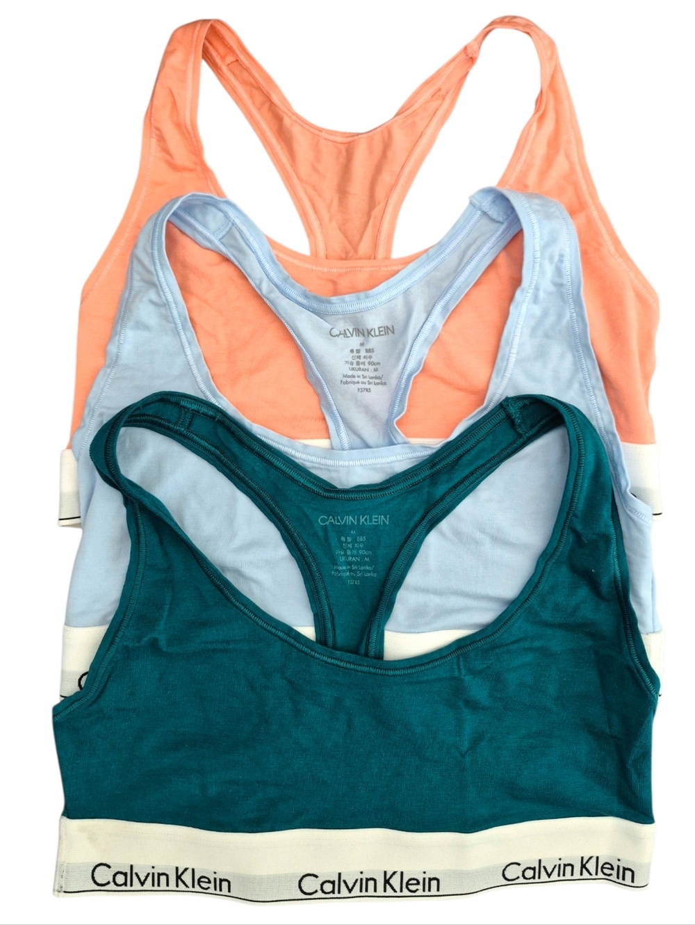 Calvin Klein Women’s Racerback Bralettes 3 pack - Teal, Light Periwinkle & Peach